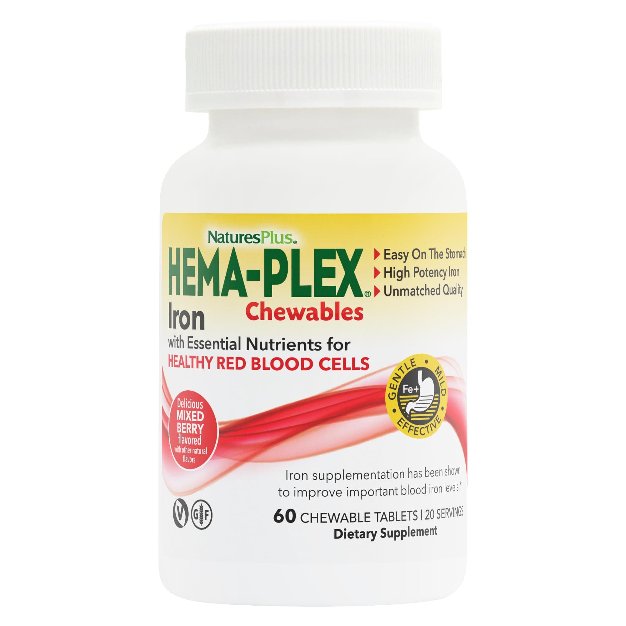 Hema-Plex Iron - 60 Mixed Berry Chewables - 85 mg Elemental Iron - Total Blood Health - with Vitamin C & Bioflavonoids - Non-GMO, Vegan & Gluten Free - 20 Servings