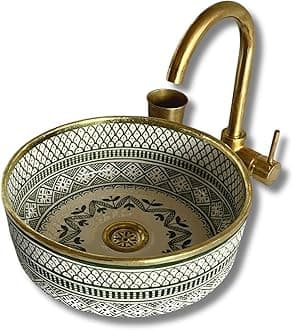 MIRATILE Handmade Ceramic Basin Sink, Handwash Countertop Vanity Basin, Farmhouse Bathroom Basin, Sink Bowl with Brass Rim Edge, Hand Painted Wash Basin Sink (8"= 20cm, Green)