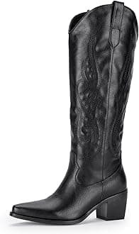 Pasuot Rhinestone Cowboy Boots for Women - Wide Calf Knee High Cowgirl Boots with Side Zipper and Sparkly Glitter Embroidery, Almond Toe Mid Heel Retro Fashion Tall Cowgirl Boot Pull On for Ladies