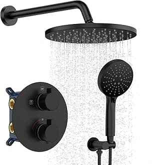 Iriber Thermostatic Shower System Wall Mount with 10 Inch Roud Rainfall Shower Head and Handheld,Shower Faucet Mixer Trim Kit (Valve Included),Matte Black