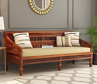 Solid Sheesham Wood Sofa Set for Living Room|Sofas|Wooden Sofa Set (Honey Teak & Cream, 3-Person Sofa)