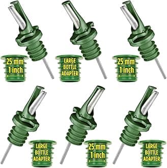 Poura Olive Oil Bottle Drizzler Spouts – Airtight BPA-Free Natural Rubber ClickSeal Pourers with Built-in Caps – Use Your Own Bottles with Large Adapters – Dishwasher Safe – Green 6 Pack