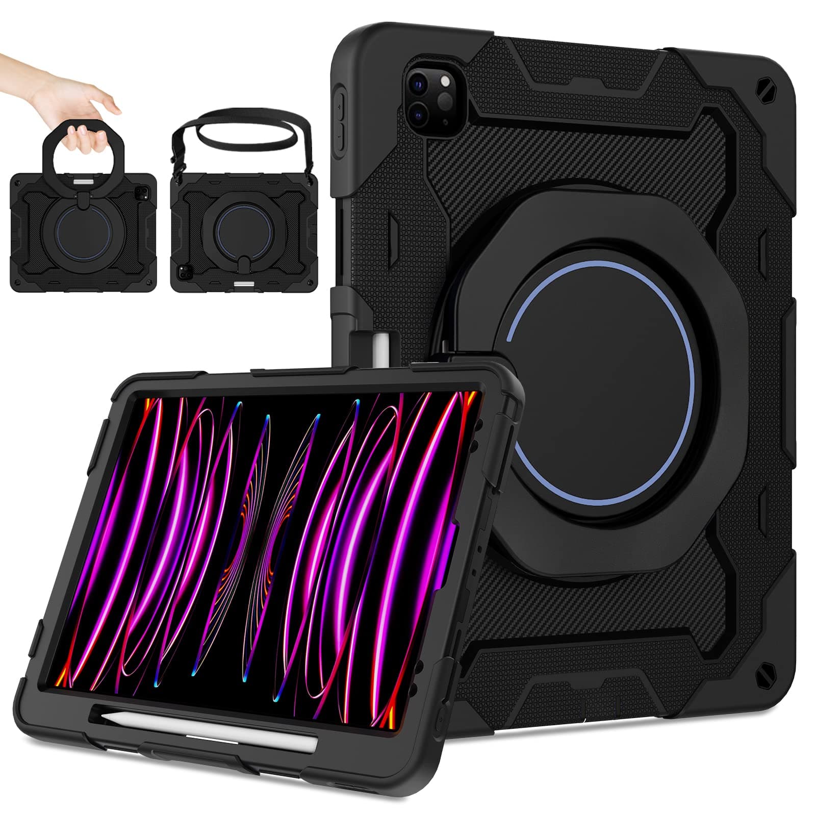 ROISKIN for iPad 12.9 Pro Case 6th/5th/4th/3rd Generation (2022/2021/2020/2018),Military Protective Cover for 12.9 inch iPad with Screen Protector & Pencil Holder & Rotating Stand & Shoulder Strap