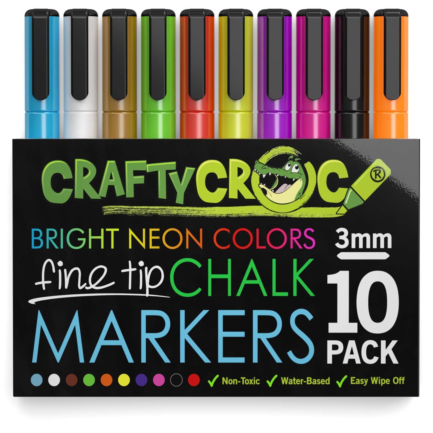 Crafty Croc Fine Tip Chalk Markers - (Precise 3mm Tip, 10 Neon Colors) - Erasable Dustless Liquid Chalk Ink Pens, Water-Based, Non-Toxic