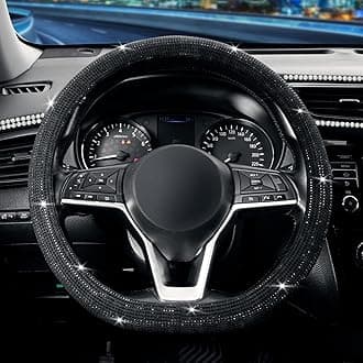 SEG Direct Diamond Flat Bottom Steering Wheel Cover, D Shaped Car Wheel Cover 14 1/2-15 in. (37-39 cm), Bling Sparkly Rhinestones, Black with Black Diamond