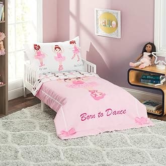 4 Piece Toddler Bedding Set -Born to Dance Ballerina- Includes Comforter, Flat Sheet, Fitted Sheet and Reversible Pillowcase
