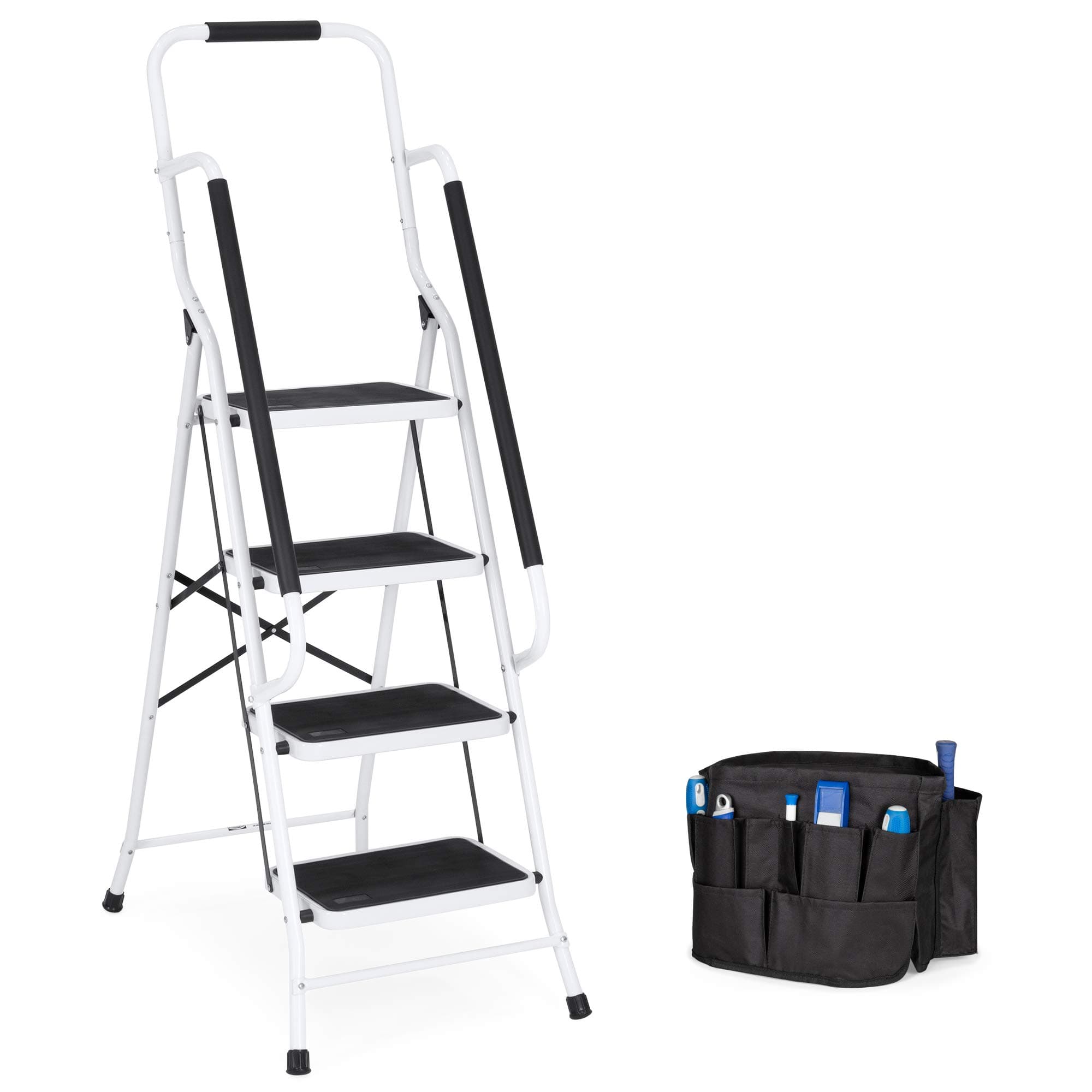 Best Choice Products 4- Step Ladder, Folding Portable Step Stool w/Padded Hand Grips, Non Slip Rubber Feet, Attachable Tool Bag, 225lbs Capacity