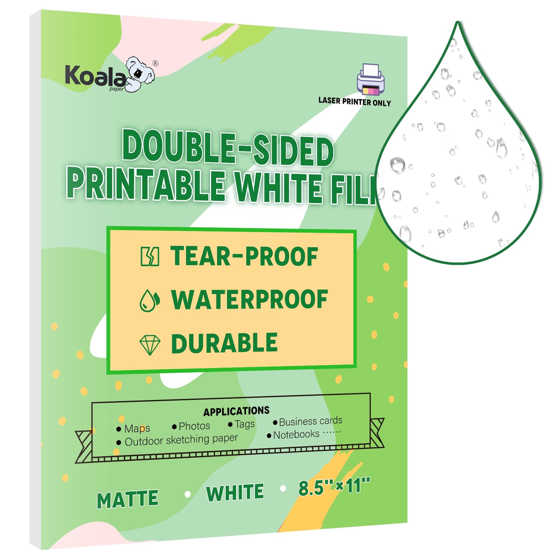 Koala Waterproof Paper for Laser Printer, Tearproof Printer Paper, Matte Double Sided Printable White Film 8.5x11 In 60 Sheets For Printing Backpacking Maps