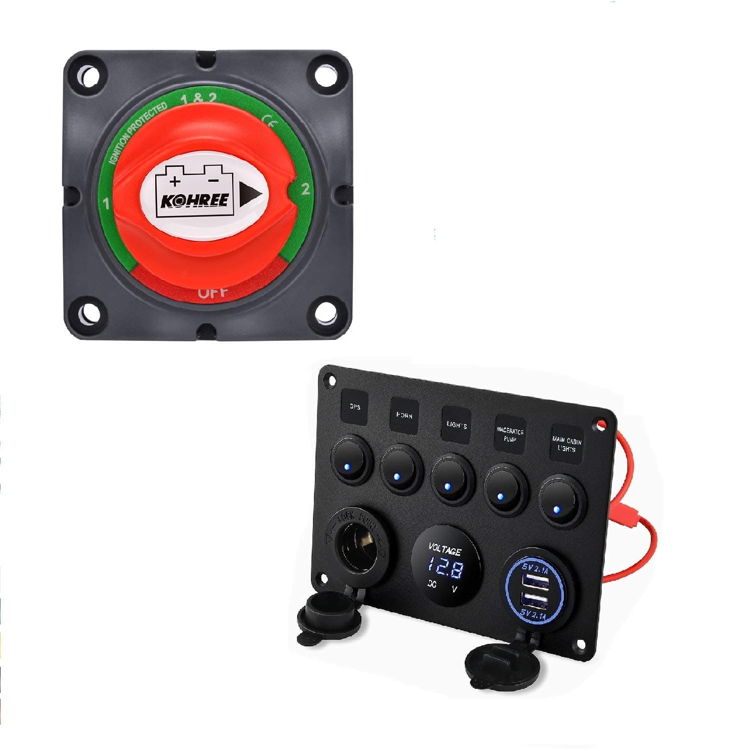 Kohree 1-2-Both-Off Battery Disconnect Switch 12V-48V for RV Boat Car Vehicles Truck Marine, Bundle with 5 Gang Rocker Switch Panel 12V Waterproof