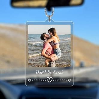 TEQUAN Custom Photo Car Charm Ornament - Personalized Rearview Mirror Decor Hanging Accessory, Acrylic Picture Pendant Gifts for Couple Friend Family (Couple Ornaments)