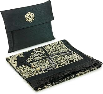 ihvan online Muslim Prayer Rug with 99 Beads Tasbih & Travel Bag, Soft Taffeta Sajadah, Lightweight & Foldable Janamaz, Portable Prayer Mat, Islamic Gift for Eid, Ramadan, Hajj & Umrah, Black