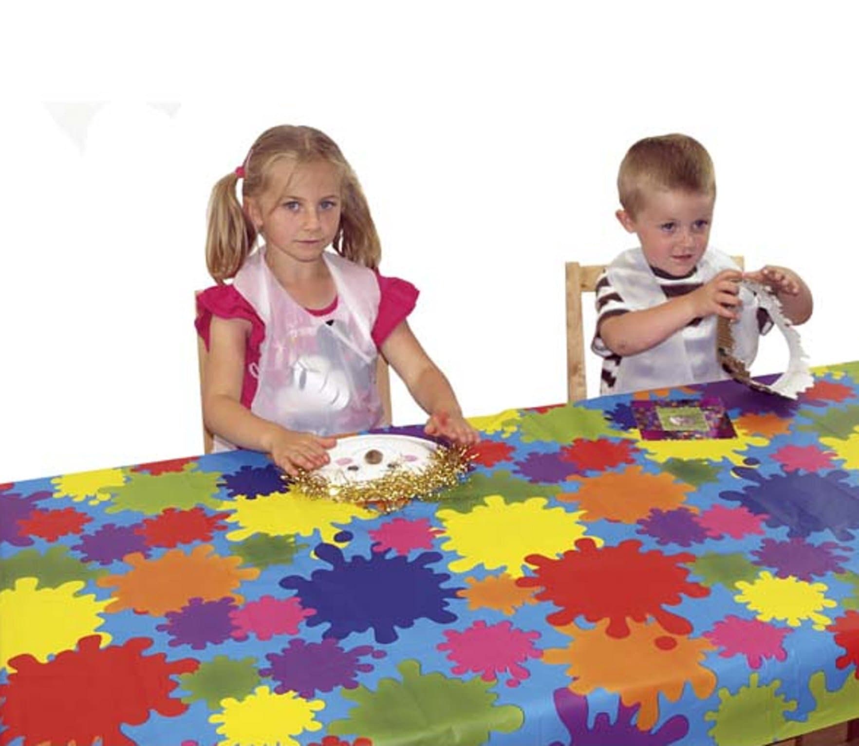 Disposable Splash Table mats classpack 1000 x 1500mm 4 pk. Includes one each of letters, numbers, shapes and colours splats.