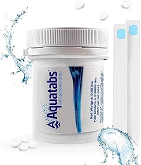 Aquatabs Water Filter Tablet for Beverage - 100 Tablets + 2 Chlorine Test Strips - Water Filter Starter Kit - For Boats and RV Tanks - by Aquamarine Water Solutions