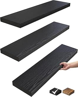 BAYKA Floating Shelves 22.5 inches, Wall Mounted Shelves Rustic Wood for Bathroom, Bedroom, Living Room, Floating Shelves for Books/Storage/Decor with 22lbs Capacity(Satin Black,Set of 3)