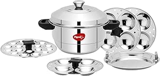 Pigeon Idly Maker Induction And Gastove Compatible 5 Plates, 3 Plates (4 Cavities), 1 Mini Blank Plate (18 Steamer (Dhokla Maker/Momo Maker), Cool Handle, Easy To Make