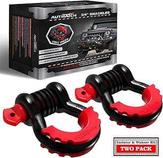 AUTMATCH Shackles 3/4" D Ring Shackle (2 Pack) 41,887Ib Break Strength with 7/8" Screw Pin and Shackle Isolator & Washers Kit for Tow Strap Winch Off Road Towing Jeep Vehicle Recovery Black & Red