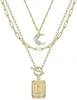 MJartoria Layered Initial Necklaces for Women Trendy, 14K Gold Plated Brass Simple Moon Choker Square Letter Pendant Necklace, Paperclip Chain Necklaces Jewelry Gifts