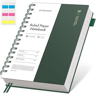 EMSHOI A5 College Ruled Spiral Notebook, Thick 300 Pages/150 Sheets, 100GSM Ink-Proof Waterproof PVC Hardcover Lay-Flat Lined Journal for Work Office School Writing, Small 5.7"x8.22" - Dark Green