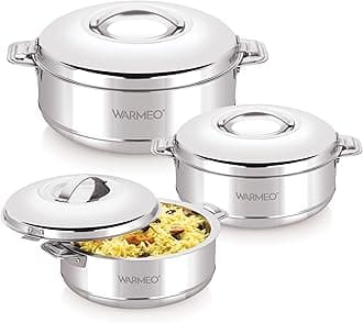 WARMEO Steam Insulated Stainless Steel Casseroles| Easy to Carry Hot Boxes for Kitchen | Hot Food, Easy to Store| Silver| Set of 3 (1500,2500,3500ml)