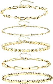 14K Gold Chai14K Gold Chain Bracelets Set for Women, Dainty Paperclip Link Bead Stackable Layered Bracelets Metal Fashion Jewelry