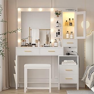 White Vanity Desk with Lighted Mirror and Chair, Makeup Vanity with Charging Station, 5 Drawers Vanity Table Set with LED Cabinet & Storage Bag, Makeup Dressing Table for Girls Women
