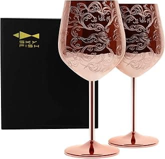 SKYFISH Stainless Steel Wine Glasses, Red Wine Goblets Set of 2, Etching with Intricate and Authentic Baroque Engravings, Royal Style Wine Cups-17oz (Handwash only!)