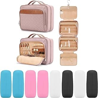 Travel Hanging Toiletry Bag for Women, Large Makeup Bag 8 Leak Proofing Silicone Bottle Covers, Waterproof Cosmetic Bag with Jewelry Organizer Compartment, Toiletries Kit Set, Pink