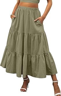 Women’s Summer Boho Flowy Swing Tiered A-Line Maxi Skirt 2026 Fashion Trendy Elastic Waist Pleated Long Beach Dress