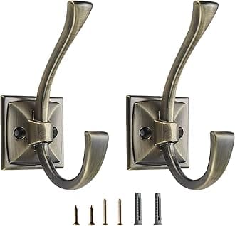 5 Pack Decorative Heavy Duty Towel Hooks for Hanging Robe Double Brushed Antique Brass Coat Hooks Wall Mounted with Screws for Key, Towel, Bags, Cup, Hat