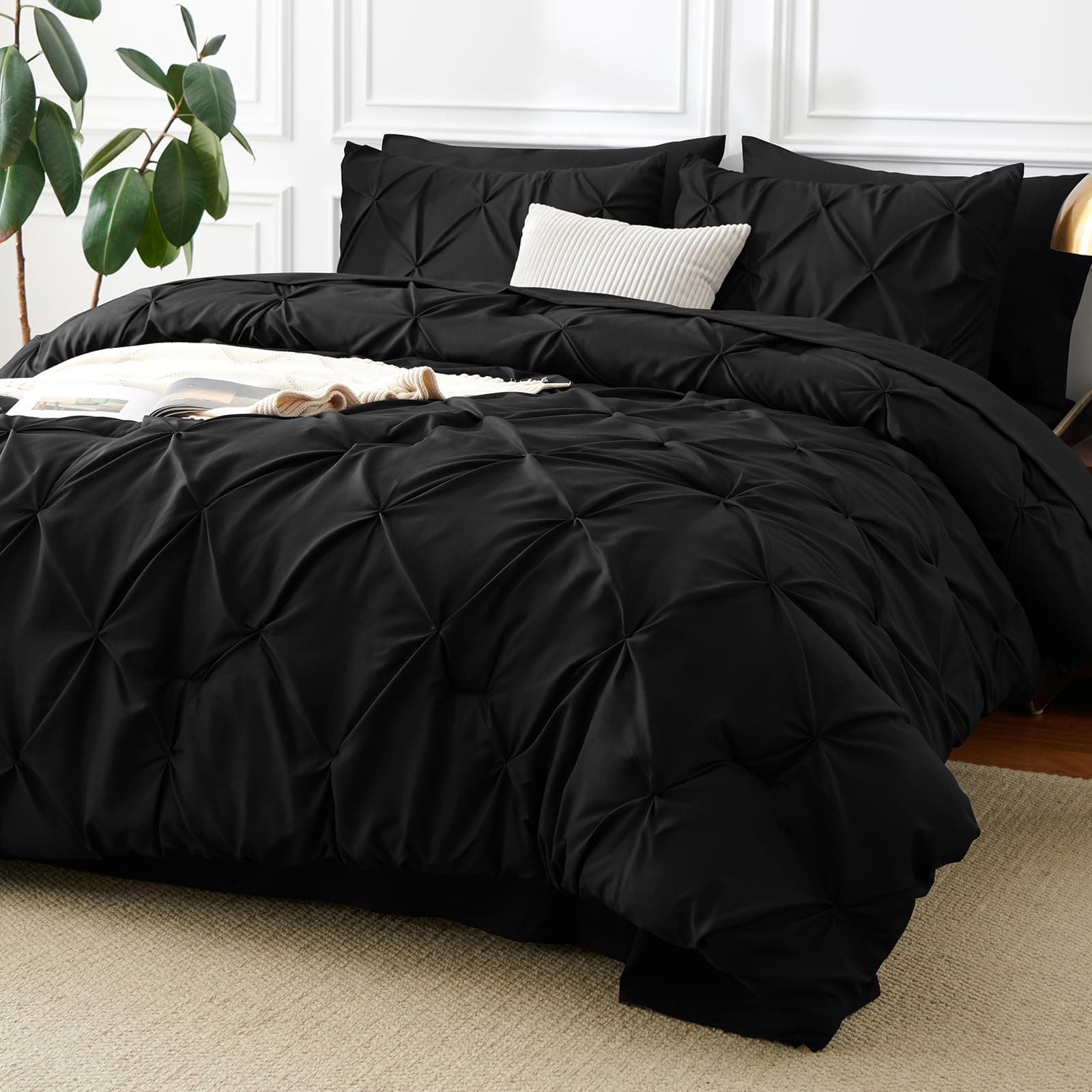 King Size Comforter Set Black, 7 Pieces Pintuck Bed in A Bag Black Comforter King Size, Pinch Pleat Bedding Set with All Season Comforter, Sheets, Pillowcases & Shams