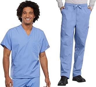 Cherokee Scrub Set for Men and Women, Traditional Fit V-Neck Scrub Top 4777 with Natural Rise, Elastic Waist Pant 4000