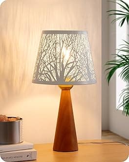 EDISHINE 13.58" Small Table Lamp, Wooden Bedside Lamp, Tree Hollowed Iron Lampshade, Nightstand Lamp for Nursery, Bedroom, Living Room, ON-Off Switch, E26 Socket, Rosewood Color