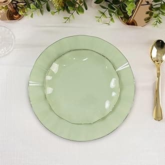 Efavormart 10 Pack | Sage Green 6" Round Plastic Dessert Salad Plates, Disposable Appetizer Plates with Gold Wavy Rim for Wedding, Outdoor Receptions, Banquets, Holiday Dining