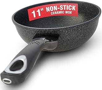 HOME N KITCHENWARE Nonstick Ceramic Wok, Frying Pan - Premium 9-Layered Cookware, Korean Marble-Coated - Easy to Clean Cast Aluminum - Induction Ready for Saute, Stir-Fry, Eggs, Fried Rice 11-Inch