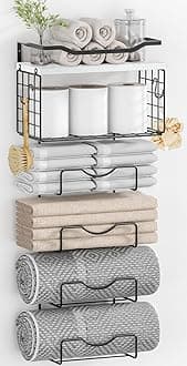 Towel Racks for Bathroom,Towel Rack Wall Mounted, 6 Tier Rolled Or Folded Towel Holder with Floating Shelves, Bathroom Towel Holder for Bath, Hand Towels,Metal,White Wood Panel