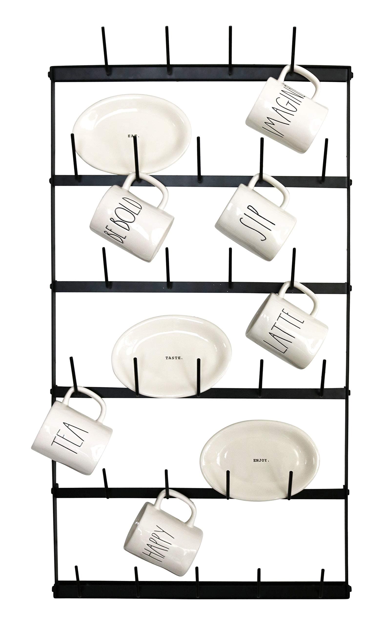 Claimed Corner Wall Mounted Coffee Mug Rack - Large Rustic Black Iron Steel Kitchen Rack with 6 Rows - Storage for 27 Cups - Jar & Plate Holder - Vertical Display Organizer - Farmhouse Home Décor