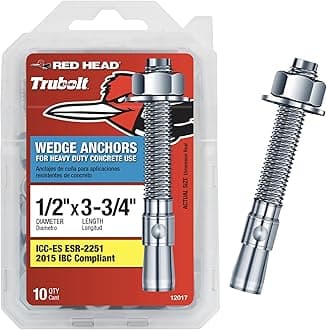 Red Head TruBolt® 1/2 x 3-3/4 Inch Wedge Heavy-Duty Concrete Anchors, 10 PCS, Versatile Threaded Design for Fastening into Solid Concrete with 360-Degree Contact, Stainless Steel
