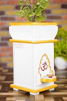Marble Tulsi Pot | Tulsi Planter | Gardening Tulsi Planter | White Marble | Golden - 14 x 7 x 7 Inch, Approx. [HxLxW]
