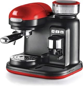 Ariete 1318R Moderna Espresso Machine, 15 Bar Pressure Pump, Barista Style Coffee Maker with Built in Grinder & Milk Frother, Ideal for Cappuccinos & Lattes, 800 cubic centimeters, Red