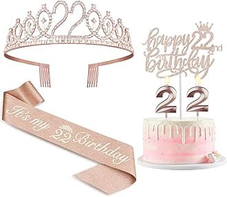22 Birthday Decorations for Women Including Sash and Tiara, Cake Topper and Candles, 22nd Birthday Gifts for Women, Rose Gold Party Decor Supplies
