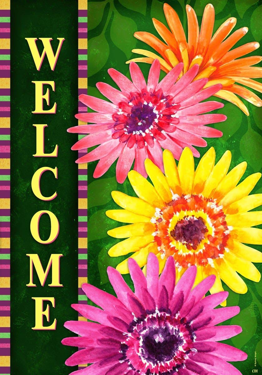 Custom Decor Welcome Gerberas - Flowers - Double Sided Standard Size Decorative Flag 28 X 40 Inches