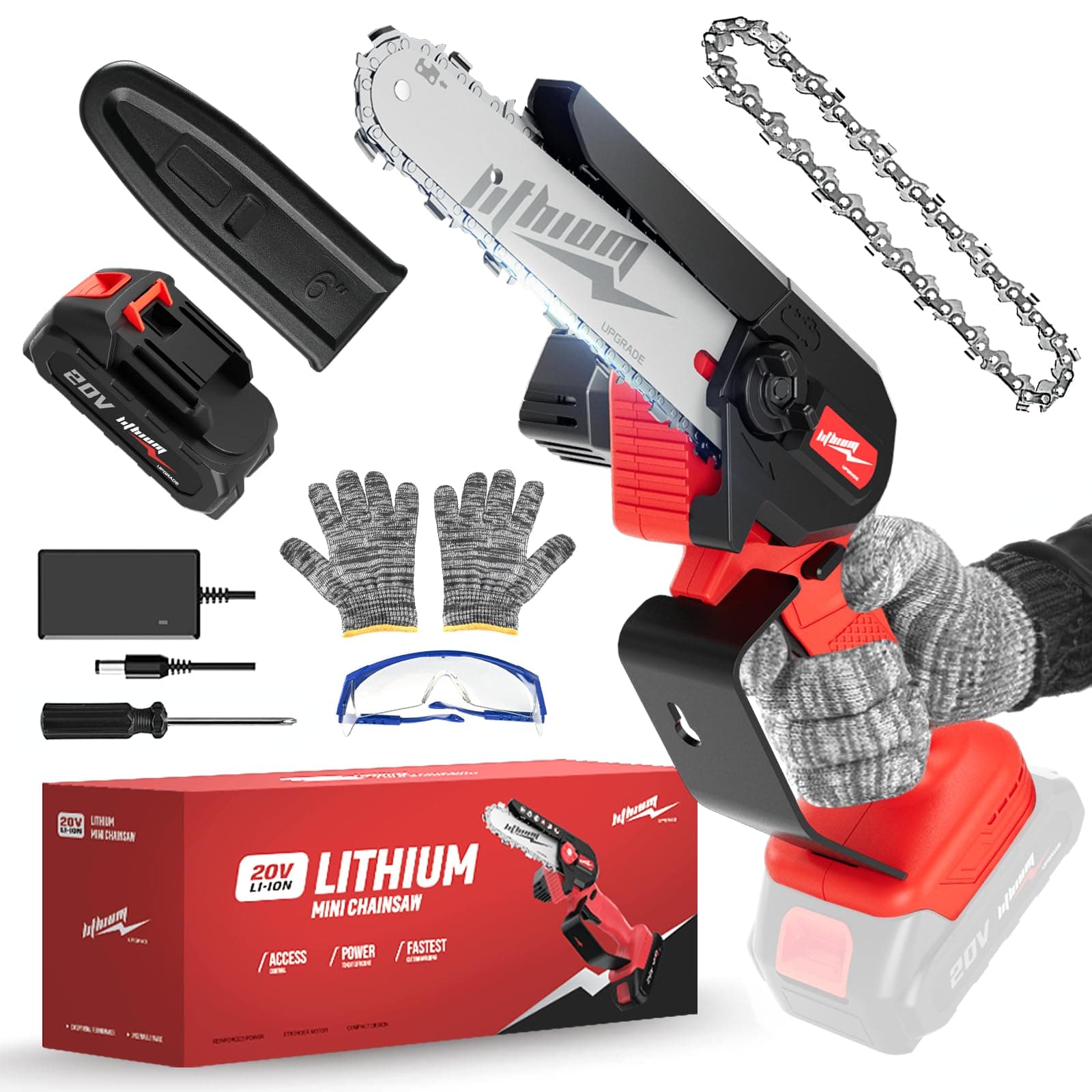 Cordless Mini Chainsaw, 20V Max Battery 6 Inch Small Chain Saw, One-Hand Handheld Electric Portable Chainsaw for Cutting Wood Trimming and Woodworking- Mini Chain Saw Cordless with 1 Batter