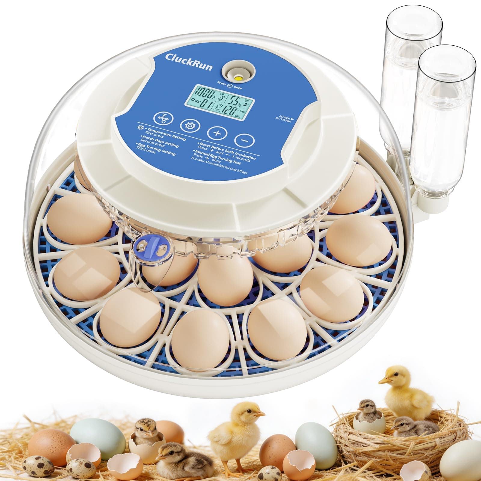 - 18 Egg Incubators for Hatching Eggs, Incubation Day Display, 2 Egg Trays, Automatic Egg Turning, Built-in Egg Candler, Auto Refill, Adjustable Air Vent, for Chicken, Quail, Duck, Turkey & Goose Eggs