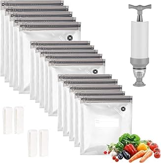 Sous Vide Bags 20pack Reusable Vacuum Food Storage Bags with 3 Sizes Vacuum Food Bags,1 Hand Pump,4 Sealing Clips for Food Storage and Sous Vide Cooking (Gray Kit)