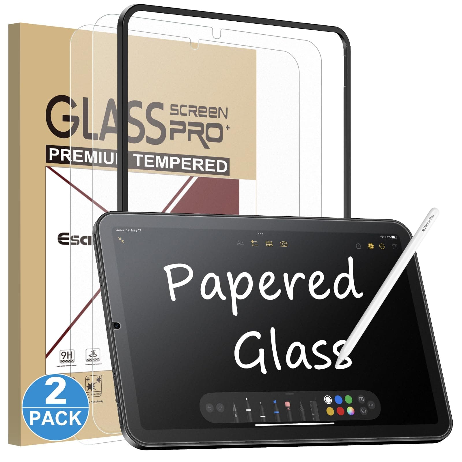 Esanik 2 Pack Like Paper Glass Screen Protector for iPad mini 7(2024)/iPad Mini 6(2021) 9H Tempered Glass Film with Alignment Frame, Writing Like on Paper, Anti Glare, Apple Pencil Compatible