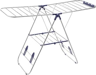 SONGMICS Folding Rack, Winged Clothes Airer, 16 Metre Drying Space, Multifunctional Air Dryer, Stainless Steel Tubes LLR502, Blue + Silver, 1-Tier 97cm