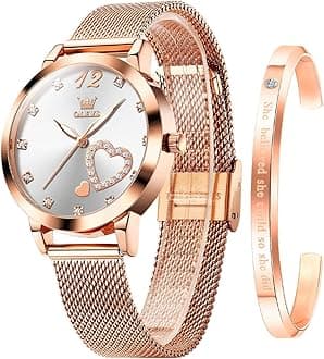 OLEVS Ladies Watches Rose Gold Stainless Steel Mesh Strap Heart Diamond Fashion Dress Japanese Quartz Waterproof Luminous Bracelet Sets (White)