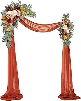 Artificial Wedding Arch Flowers Kit(Pack of 3),2Pcs Artificial Flower Arch Decor,1Pcs Sheer Drape for Wedding Ceremony Arbor for WeddingCeremony (Sunset Orange)