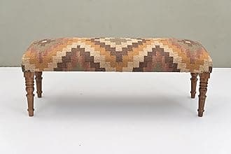Acacia Wood Kilim Jute Fabric Upholstered Bench with Geometric Print | Southwestern Pattern Wooden Ottoman with Turned KD Legs for Living Room, Bedroom, End of Bed, Hallway & Entryway