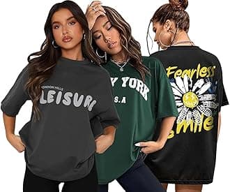London HillsWomen Printed Round Neck Oversized T-Shirt | Loose Fit Drop Shoulder T-Shirt Pack of 3